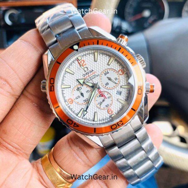 Omega Seamaster White Chequered Dial 3 Chrono Orange Bezel Watch