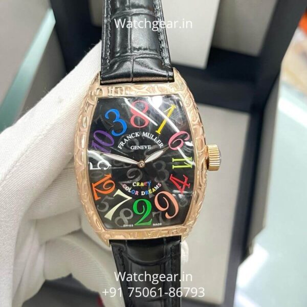 Franck Muller Crazy Hours Gold Bezel Black Leather Watch