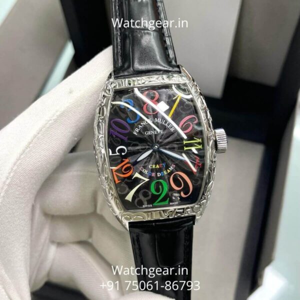 Franck Muller Crazy Hours Silver Bezel Black Leather Watch