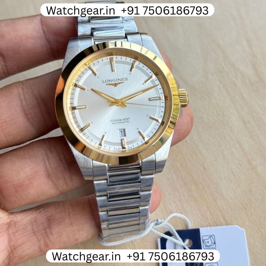 Longines Conquest Silver Dial Gold Bezel Automatic Watch